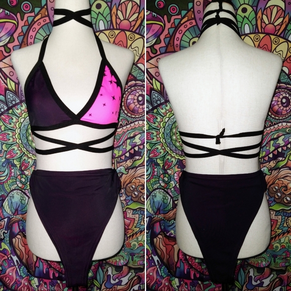 NWOT Lyte Couture Neon Pink And Black Festival Set With Matching Mask~ Sz M - Picture 2 of 4